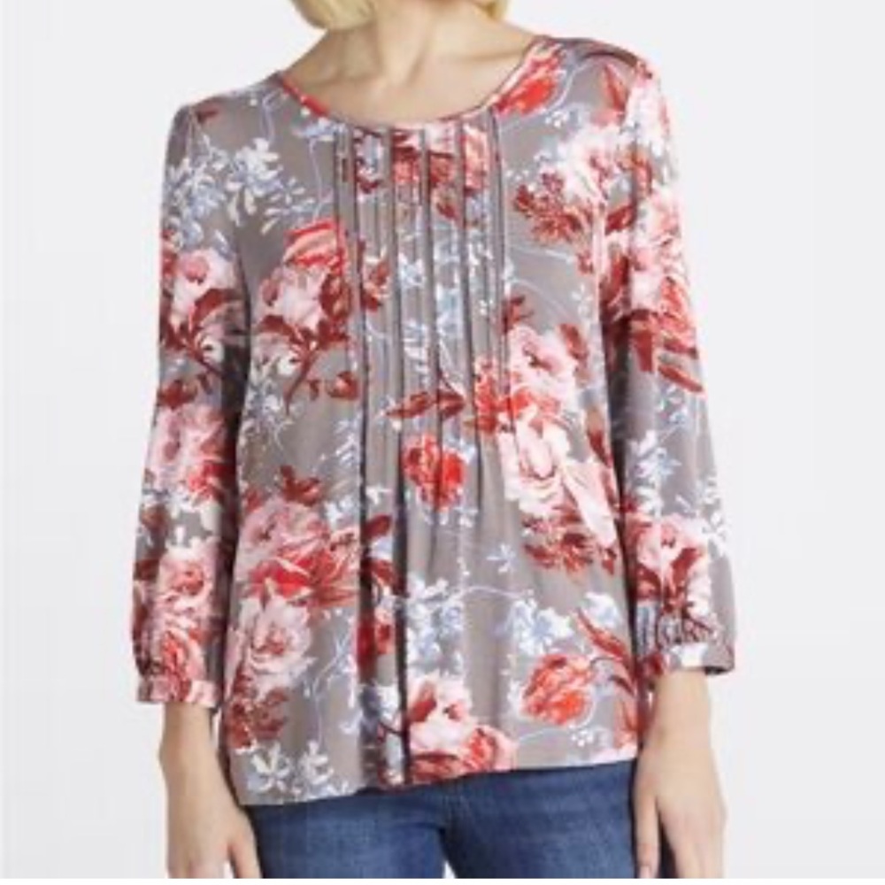 🌹Daniel Rainn - Branwen Pleated Floral Blouse in Gray and Red - Size XL